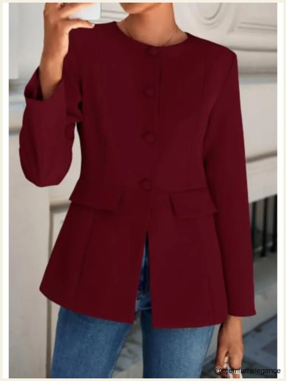 Women's Crew Neck Long Sleeve Blazer Button Down Suit Jacket